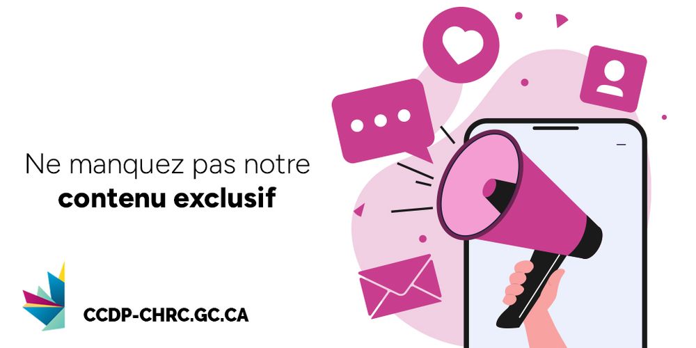 Image d'une main tenant un mégaphone rose sortant d'un téléphone. Autour se trouvent une enveloppe, une bulle de chat, une icône de cœur et une icône de contact. Le texte de gauche se lit comme suit : « Ne manquez pas notre contenu exclusif ». 