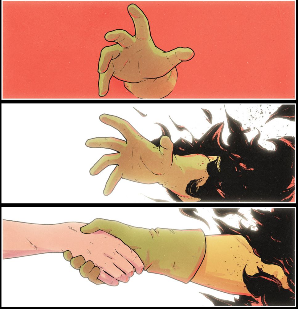 Three panels from issue 4 of the Red Vector comic book series. A hand in yellow gloves reaches out from a void into a white space. Another hand grabs it.