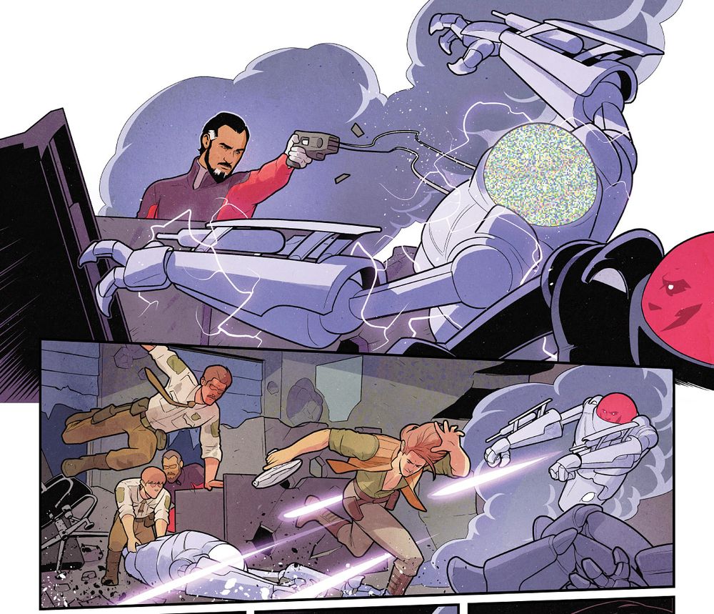 Two panels from the third issue of Red Vector. Varseen zaps a hunter-killer droid and then Rhet and Hemi jump over their makeshift barricade to head outside. It's chaotic mayhem. 