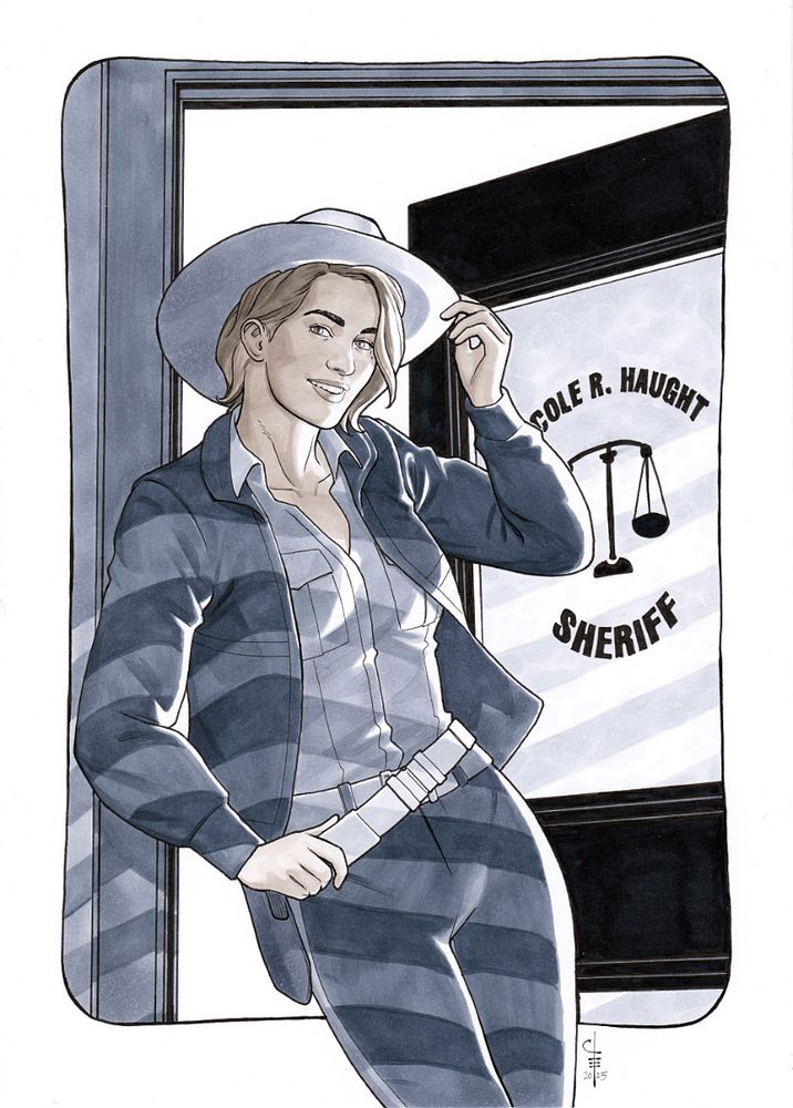 Commissioned artwork in inks and Copic markers, featuring Nicole Haught from the Wynonna Earp TV show and comic book series, wearing her signature Stetson and leaning against the door frame of her sheriff's office.