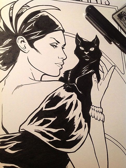 Faux jewelry advertisement illustration, featuring a 20s or 30s dressed and styled lady holding a black cat. Text reads Bijouterie Les Yeux Brillants. Cat looks chill. Finished inks.