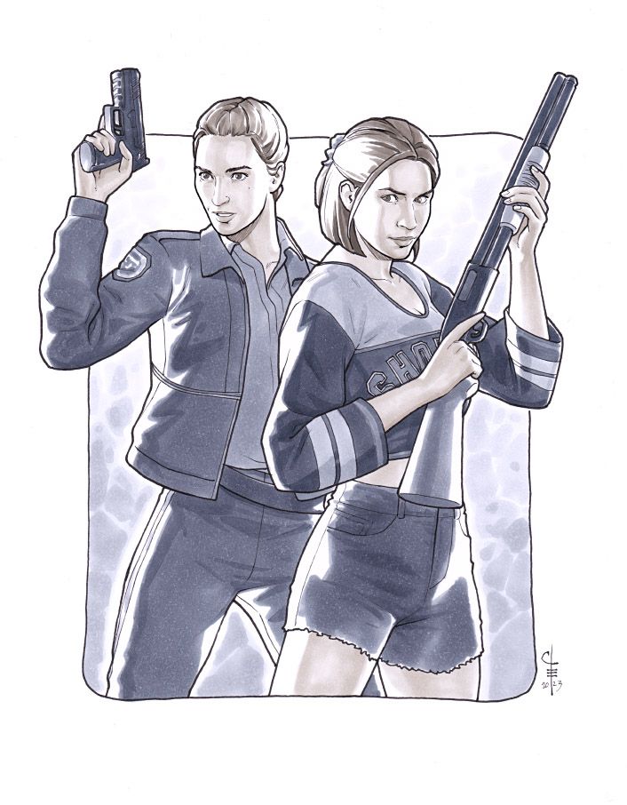 Commissioned artwork in inks and markers featuring Waverly and Nicole from the Wynonna Earp TV show standing closely together, looking fierce, Nicole in her Sheriff gear holding up her gun, Waverly in her Shorty's outfit carrying a shotgun.
