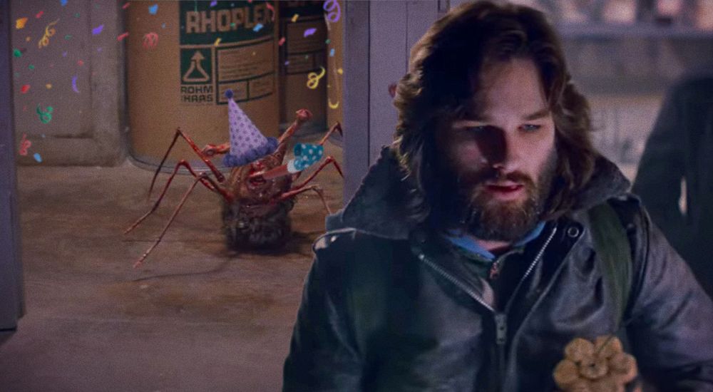 Screenshot from John Carpenter's The Thing. It's the scene where the head has grown legs and sneaks into the hallway behind McReady, joyfully wearing a party hat, blowing a party whistle and throwing confetti.