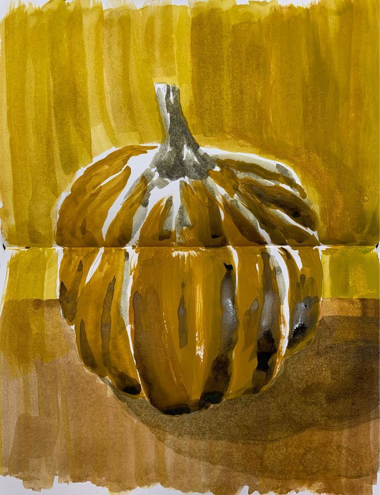 A gouache sketch of an orange pumpkin on a yellow background.