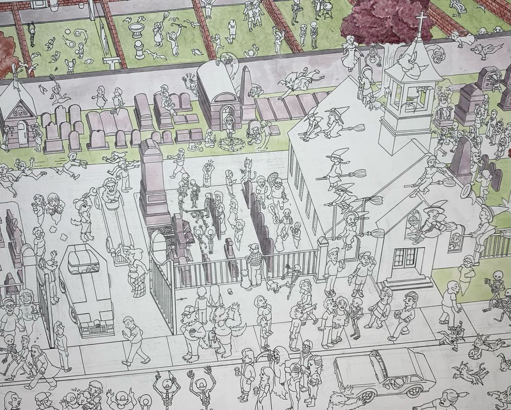 A graveyard search and find crowd scene, in progress.