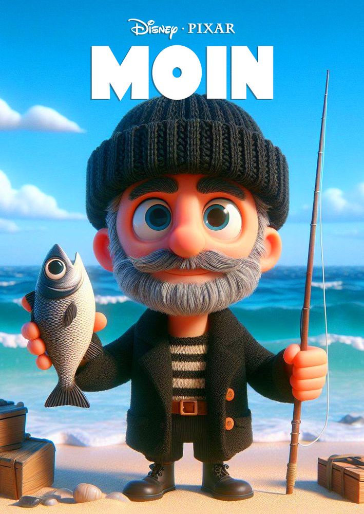 Disney-Pixar-Filmposter "Moin", ein cartoonähnlich 3-D-animierter Mann mit grauem Bart und dunkler Wollmütze steht am Strand vor dem Meer und hält einen Fisch in der einen und eine Angel in der anderen Hand