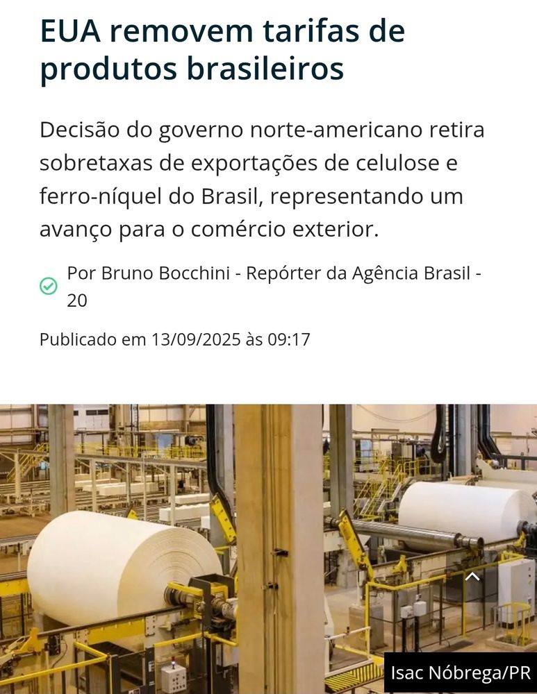 Notícia informando que EUA removeu tarifa da celulose e ferro-níquel
