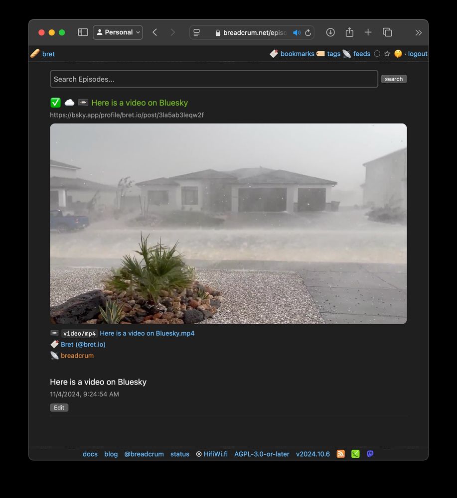 A screenshot of breadcrum supporting bsky video.