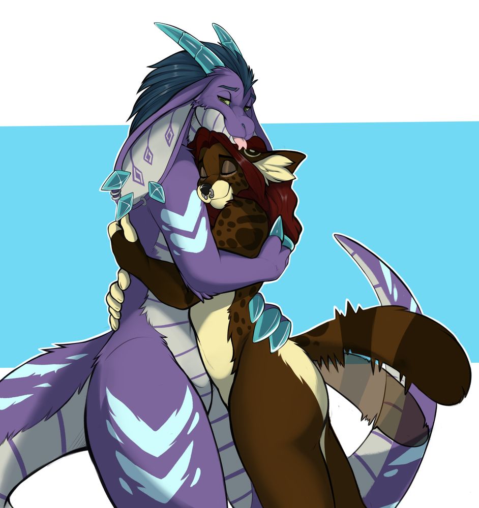 two anthropomorphic characters giving each other a big hug. one is a purple goat snake hybrid, the other is a serval. the serval's tail is wagging happily.