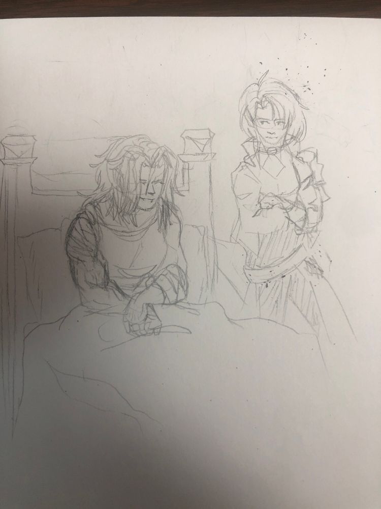 Catherine is bandaged and in an infirmary bed. Shamir is leaning against the wall at her side.