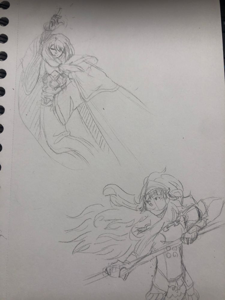 An image of a sketchbook page with two characters from Fire Emblem Echoes Shadows of Valentia sketched onto it.

Luthier (pictured above) is in a dynamic pose while gathering magic in his raised right hand.

Clair (pictured below) is holding her spear as if about to strike, with her hair flowing.