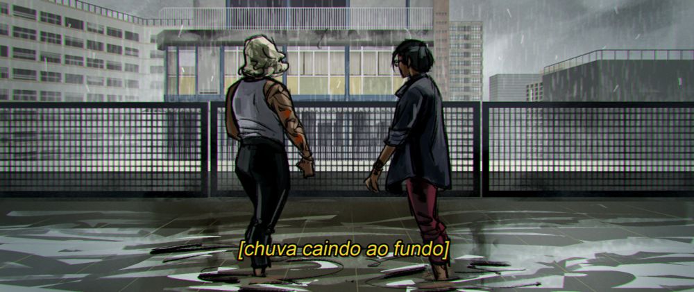 Duas garotas contemplando a chuva na cidade de São Paulo com os pés mergulhados na água.