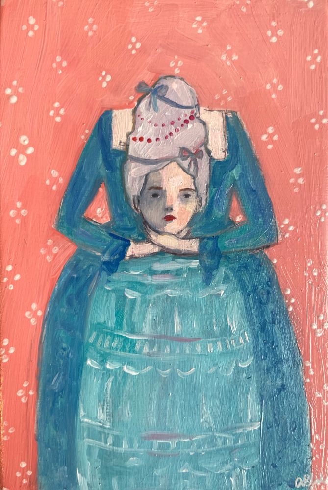 Oil painting of a headless Marie Antoinette 