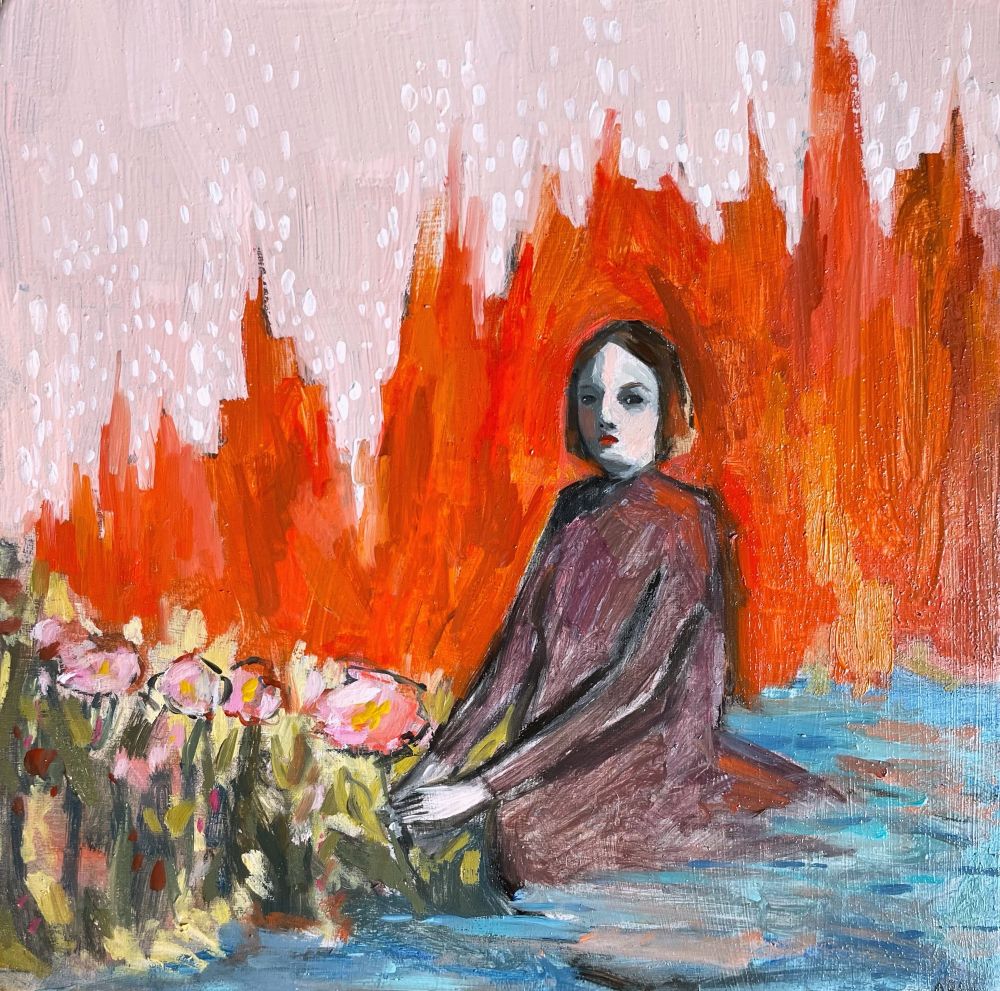 Oil painting of woman kneeling in water with flames behind her as she picks flowers 