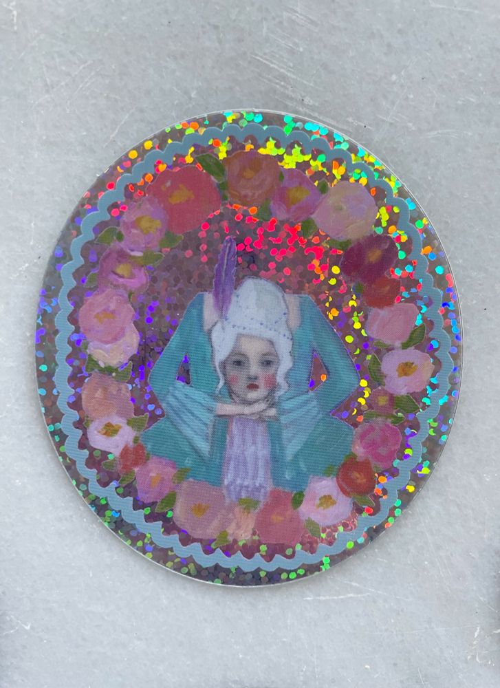 Sparkly sticker of an oil painting of a headless Marie Antoinette 