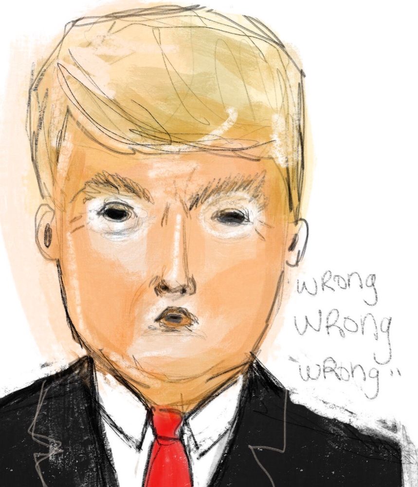 Drawing of trump with the words wrong wrong wrong next to it 