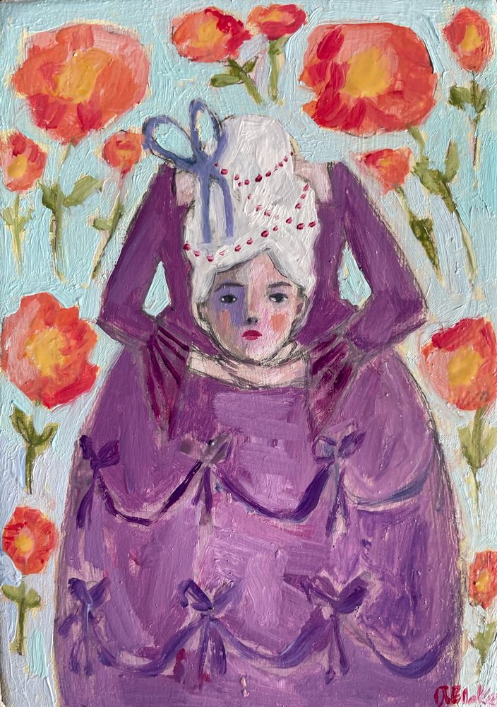 Oil painting of Marie Antoinette holding her head