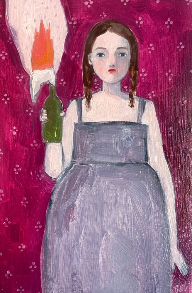 Oil painting of young woman holding a Molotov cocktail 