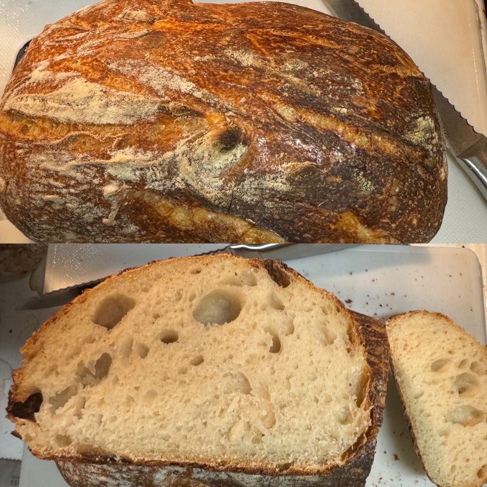 A collage featuring a picture of a loaf of bread with some cut off on top and the bottom image is of the slices cut from it.