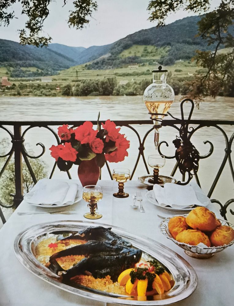 Blue trout on aspic on a silver platter, orange tinted glasses, vase of red flowers, glass lamp, sitting on a white tablecloth, Danube in background