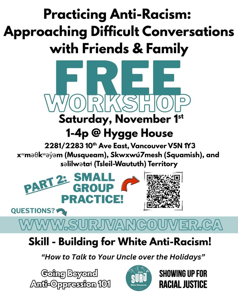 Promotional event flyer for FREE workshop, “Practicing Anti-Racism:  Approaching difficult Conversations with Friends and Family”. Open community invitation, option to register via QR code link. 