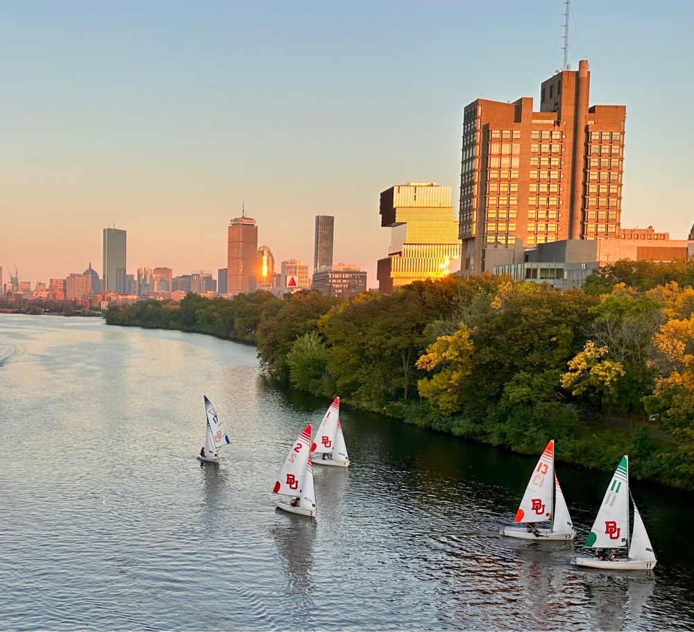 Boston University campus, sailboats on Charles River.