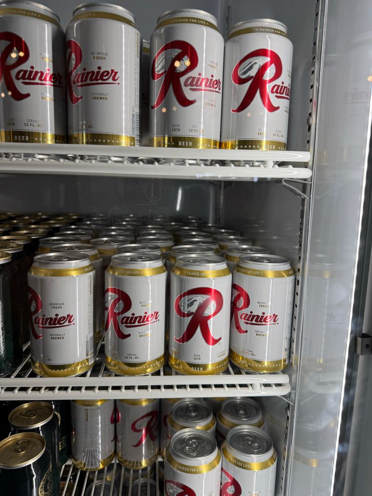 Fridge full of cans of Rainier beer at the Sunrise Visitor snack bar on Mt Rainier