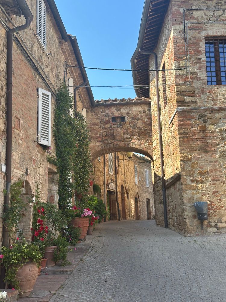 Beautiful medieval Italian hilltop town with stone buildings arched bridge over walkway & potted flowers. 