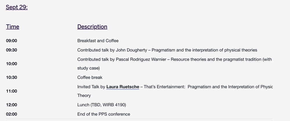 Sept 29:
Time
Description
09:00	Breakfast and Coffee
09:30	Contributed talk by John Dougherty – Pragmatism and the interpretation of physical theories
10:00	Contributed talk by Pascal Rodriguez Warnier – Resource theories and the pragmatist tradition (with a study case)
10:30	Coffee break
11:00	Invited Talk by Laura Ruetsche – That’s Entertainment:  Pragmatism and the Interpretation of Physical Theory
12:00	Lunch (TBD, WIRB 4190)
02:00	End of the PPS conference
