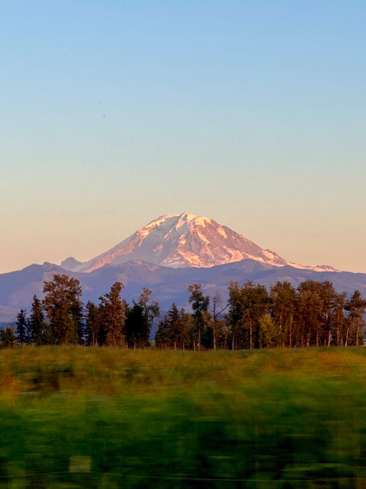 Mt. Tahoma (Rainier) in the sunset: the mountain is peach with blue & gold sky, foothills purple, & an orange & green field in the foreground