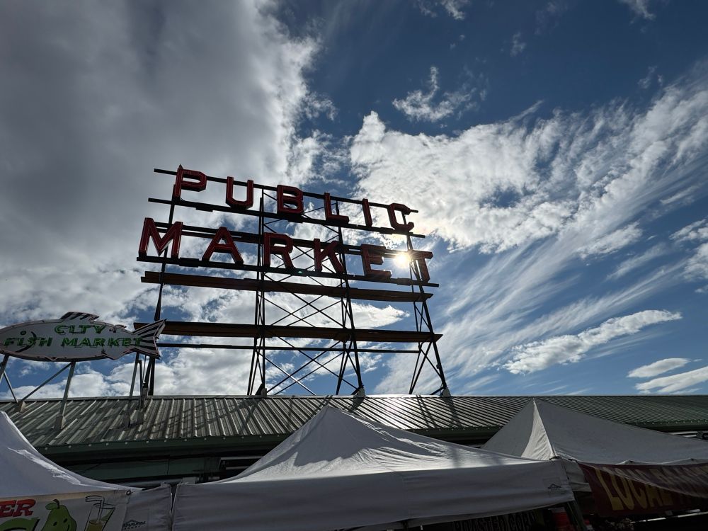 Pike Place Public Market with dramatic cloud sky