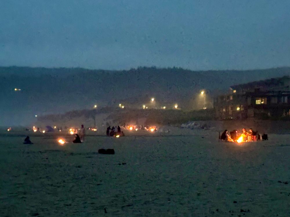 dozens of campfires dotting the beach at night 