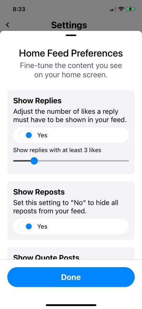 A screen shot of the Home Feed Preferences page showing settings can change