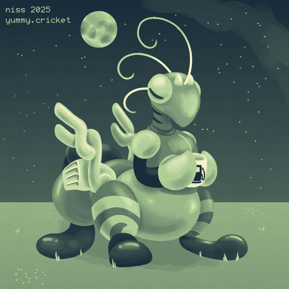 monochrome painting of zfy-67, a skiff (bug robot) taur, loafing and holding a cup with that gas station symbol on it