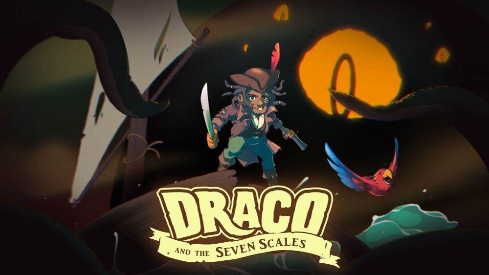 Key art for my game "Draco and the Seven Scales", featuring the pirate captain on a ruined ship, along with a colorful bird, and a looming kraken.