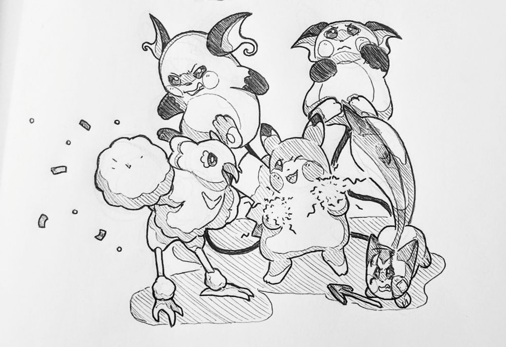 A black and white traditional drawing of a team of Pokemon.