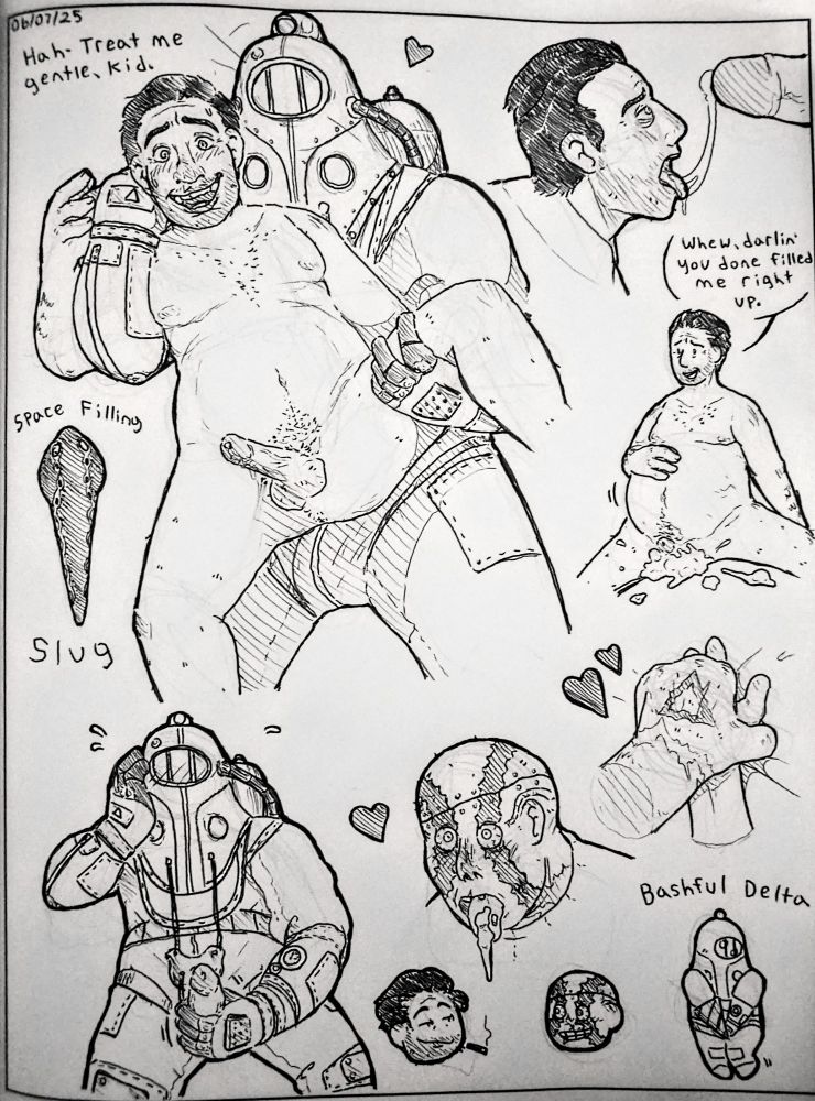 A series of black and white pen drawn images of Augustus Sinclair and Subject Delta from BioShock 2 engaging in sexual activities.