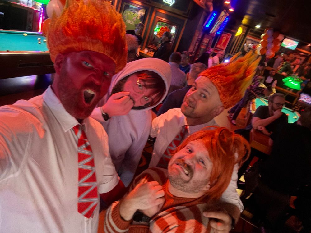 From left to right: my boyfriend as Anger, me as Embarrassment, another Anger we ran into, and Anxiety. All costumes inspired by the movie Inside Out 2