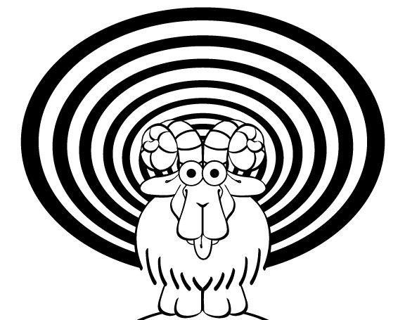 Black & white line art - our goat mascot, Capricious, in front of a series of concentric circles representing sound waves.