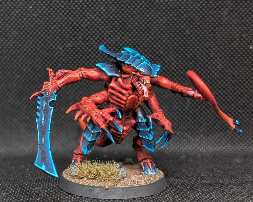 A Tyranid Warrior. He has a Lashwhip and Bonesword, plus Rending Claws. 

He is he is mainly red but with a Blue/Black Carapace in the style of hive fleet Behemoth. 