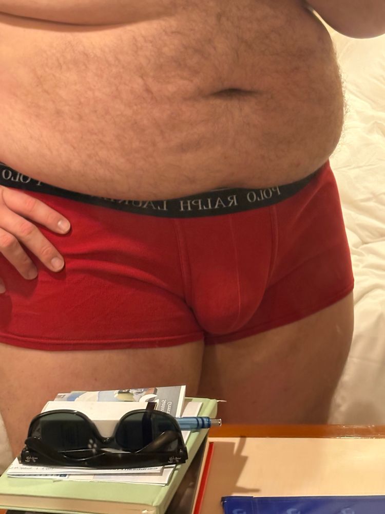 A great pic of my bulge in my red boy-shorts