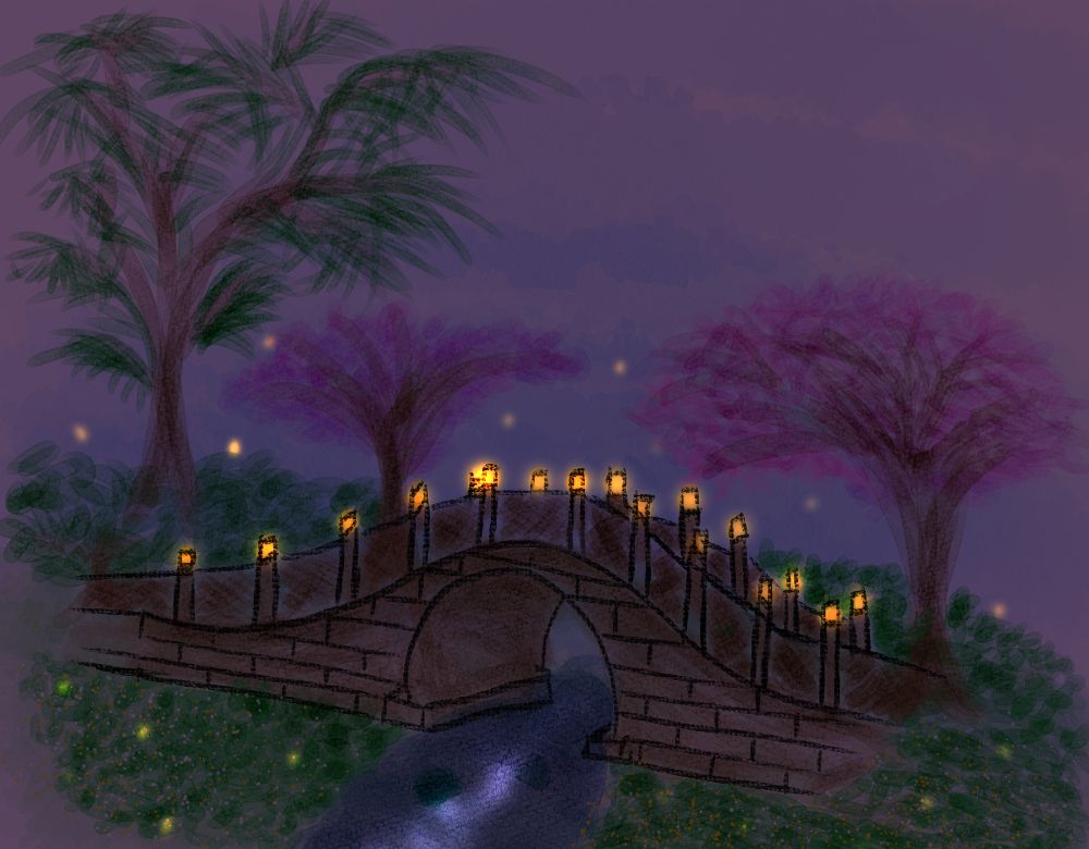 A bridge crossing a river in a forest garden.