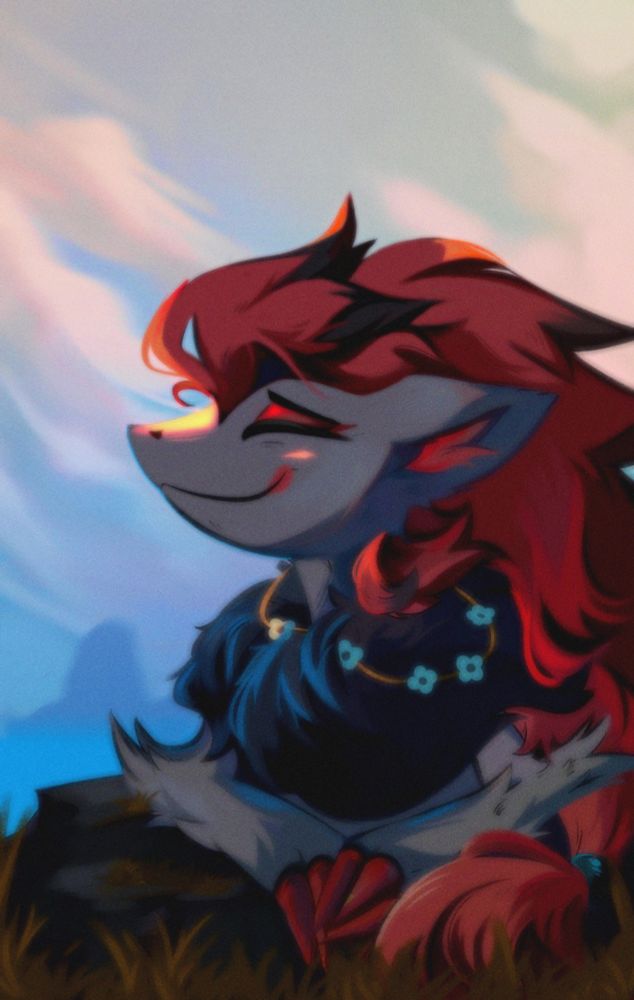 A Zoroark lying down on top of some rocks on a grassy field during a peaceful afternoon with some clouds. She's looking up as if she's feeling the wind, content with the world while smiling. She's wearing a flower collar too. 
