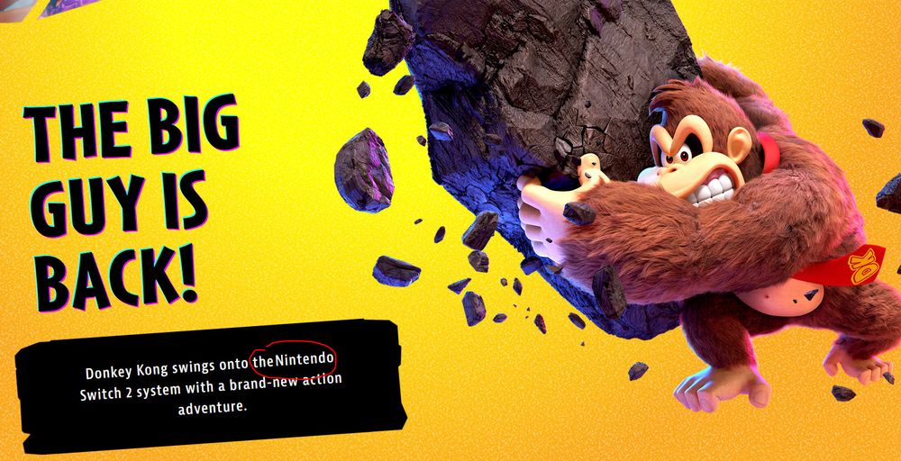 Screenshot from the Donkey Kong Bananza website with "theNintendo" circled in red