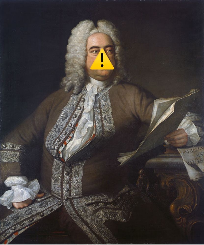 Portrait of the composer Handel with a exclamation sign on his face 