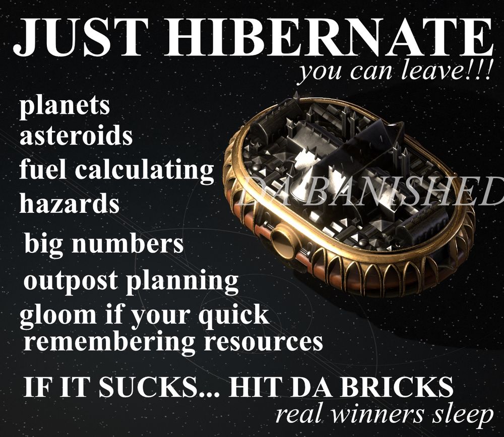 the 'hit da bricks' meme rethemed for the banished vault, saying:

JUST HIBERNATE
you can leave!!!
planets 
asteroids 
fuel calculating 
hazards
big numbers 
outpost planning 
gloom if your quick 
remembering resources
IF IT SUCKS... HIT DA BRICKS
real winners sleep
