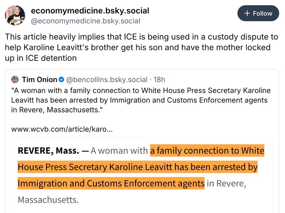 Ben Collins post, quote-posted by economy medicine, in which it appears Karol-Lyin' Leavitt interfered in a custody battle