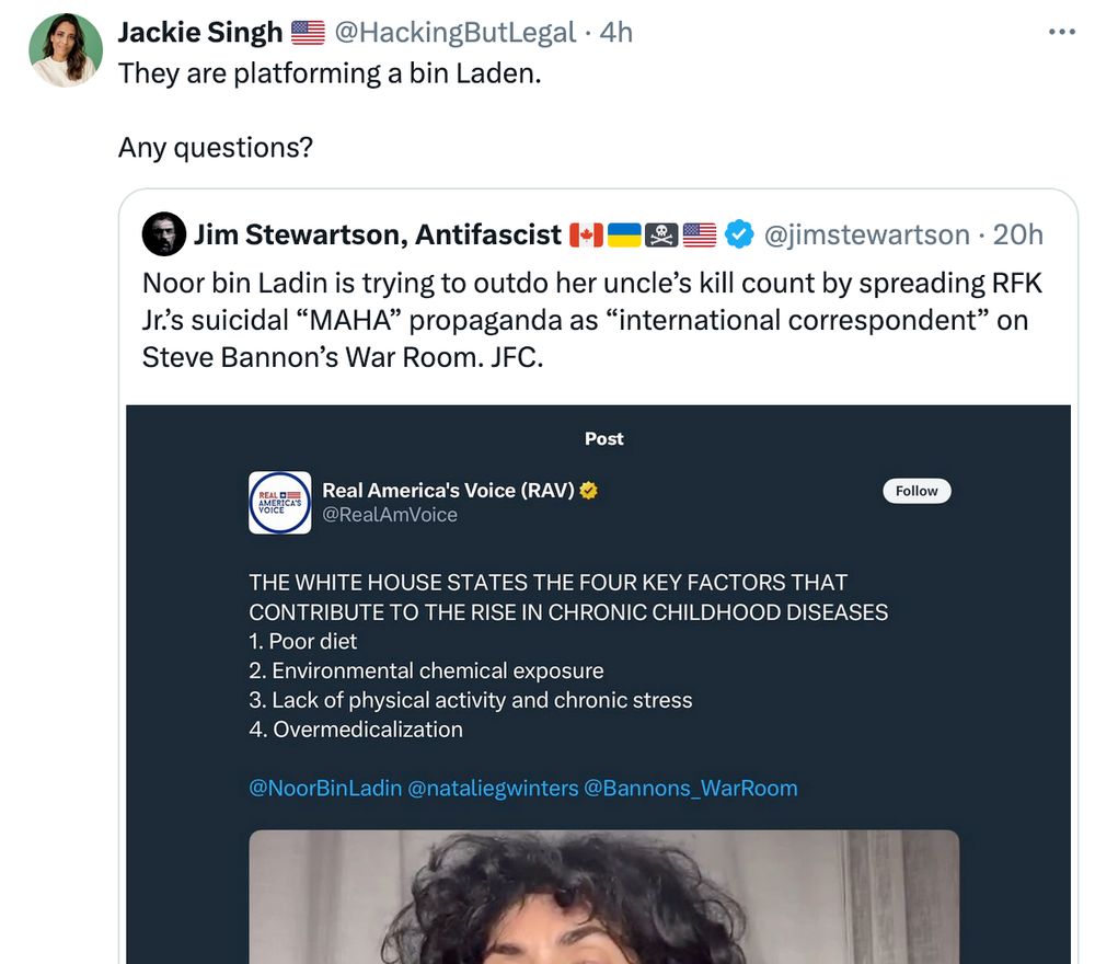 Jackie Singh's tweet from Elmo's Parler knockoff stating Noor bin Laden is now a "correspondent" for 3-Shirts' "War Room"
