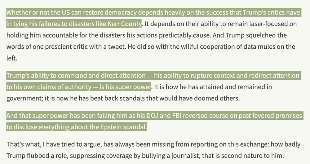 screencap from Marcy's piece detailing how Donny is failing at something he used to excel at, which is his ability to distract compliant Beltway press to "look over there" when he commands