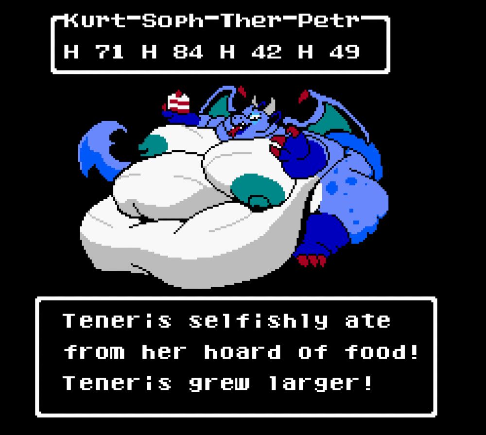 Pixel art of Teneris in an RPG from the player's perspective, Teneris herself being fat and holding a slice of cake, with text below stating "Teneris selfishly ate from her hoard of food! Teneris grew larger!"